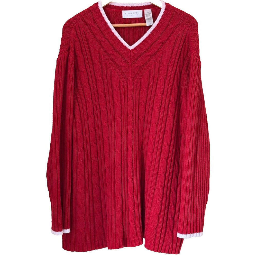 Elisabeth Liz Claiborne Womens 2X Red Cable Knit V Neck Cotton Sweater